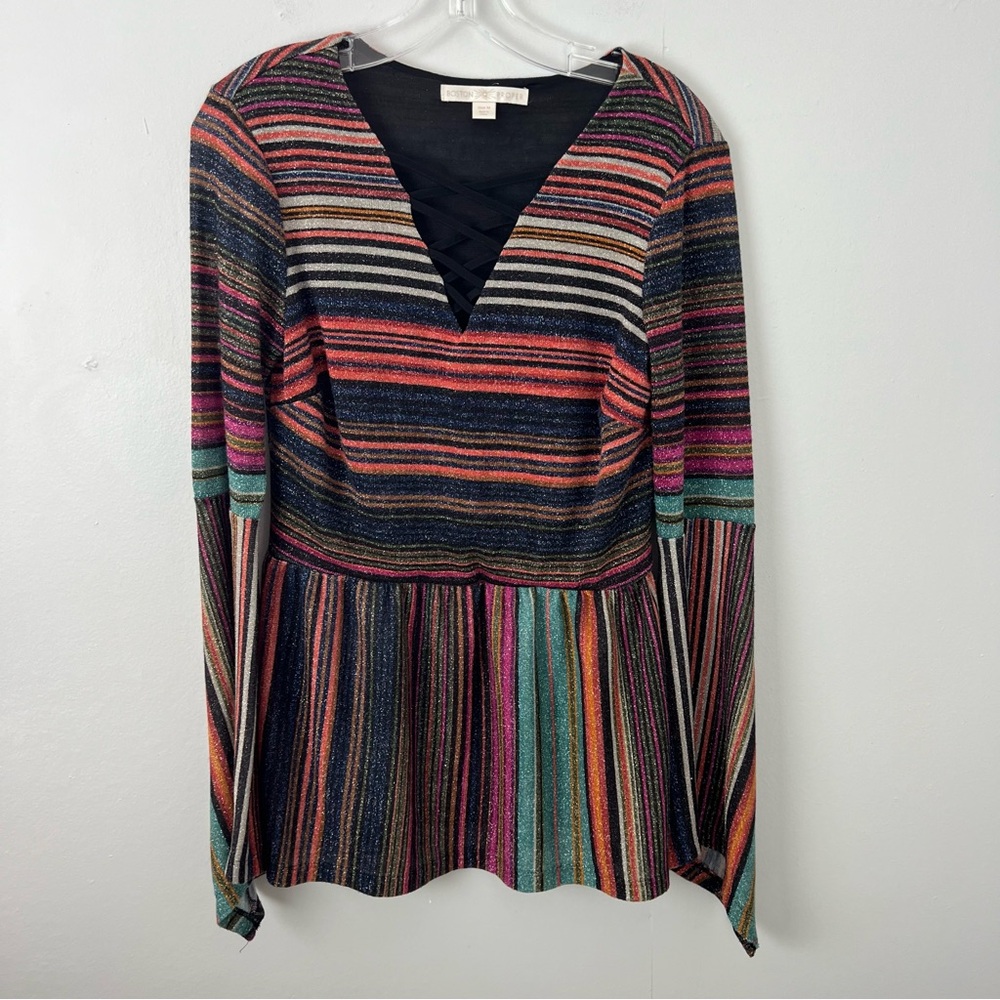 Boston Proper Y2K Striped Peplum Metallic Top Bell Sleeves